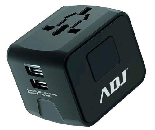 ADJ ADATTATORE UNIVERSALE DA VIAGGIO PER US/EU/AUS/UK 2.000 W + 2 PORTE USB-A 5V 2.4 A NERO